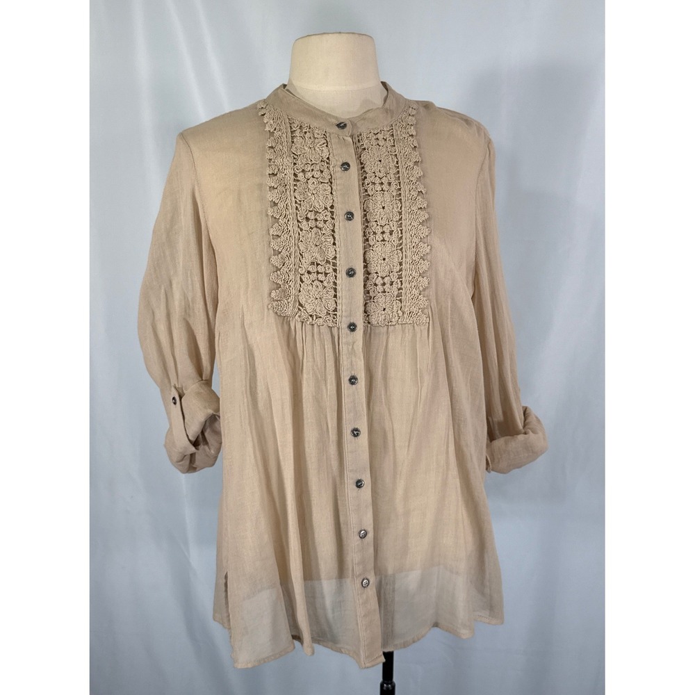 Krazy Kat Beige Cotton Gauze Crochet Lace Button Front Roll Tab Blouse XL